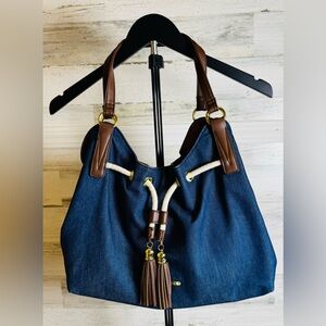 Liz Claiborne Drawstring Purse Bag Blue Denim Brown Strap Tassel Shoulder Bag